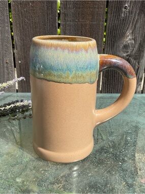 Padilla Signed Ceramic Art Pottery Mug Stein Tan Blue Drip Glaze 24oz
